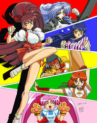 2003 6girls ^_^ anna_miller apron bandage bandaged_arm bandages black_clothing black_hair blue_eyes blue_hair boots bow bowtie breasts brown_clothing brown_hair choker closed_eyes clothed clothing corset dark-skinned_female dark_skin dated drill_hair eyebrows_visible_through_hair feet female female_only fighting_stance fingerless_gloves frills fully_clothed gauntlets glasses glasses_removed gloves gojuryu_karate green_eyes grey_gloves hair_ribbon headband kaori_yanase kicking kimura_takahiro kubota_jun kunai kusunoki_manami large_breasts leg_up lipstick long_hair long_ponytail long_twintails looking_at_viewer maid maid_headdress maid_uniform makeup masuda_chiho matching_hair/eyes medium_breasts mouth_hold multiple_girls ninja nipple_bulge official_art open_mouth orange_clothing paw_gloves paws pink_hair ponytail pose raised_leg red_eyes red_headband red_lipstick reimi_jahana ribbon serious shoes short_hair signature silhouette skirt smile standing standing_on_one_leg striped_shirt stripes suit teeth thick_thighs thigh_strap thighs tied_hair toeless_legwear toes tongue twintails uniform variable_geo very_long_hair w_arms waitress weapon white_clothing wristband yellow_clothing yuka_takeuchi