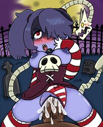 1boy 1girls ahe_gao blue_hair blue_skin blush breasts breasts_out cum cum_in_pussy cum_inside dark-skinned_male eyes_rolling_back hair_over_one_eye interspecies leviathan_(skullgirls) lewdtoonyguy male_pov panties_aside pov red_eyes skullgirls squigly tears tongue_out vaginal_penetration