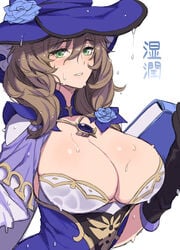 1girls brown_hair cleavage genshin_impact gloves green_eyes huge_breasts large_breasts lisa_(genshin_impact) looking_at_viewer simple_background sketch solo solo_female solo_focus sweat wet whooosaku witch witch_hat