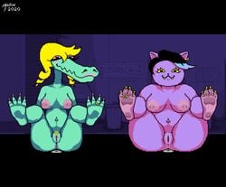 2020 accurate_art_style alligator animated anthro anthro_only anus belly_button blonde_hair bodily_fluids bratty_(undertale) breasts catty_(undertale) chubby domestic_cat earrings feet feline female female_focus female_only fluids gif green_body green_skin heart-shaped_pupils heart_eyes legs_spread mayin navel nipples nude pixel_animation pixel_art presenting_pussy purple_body purple_fur pussy pussy_juice reptile spread_legs toe_ring tongue_out undertale undertale_(series)