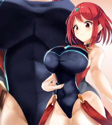 1boy 1boy1girl 1girls alice-magic alicemagic bare_arms big_breasts black_leotard black_shorts breasts brown_hair clothed clothed_female competition_swimsuit covered_navel cowboy_shot earrings female female_focus fully_clothed giantess gradient gradient_background highres holding_person huge_breasts impossible_clothes jewelry large_breasts leotard looking_at_another male multiple_views nintendo one-piece_swimsuit pink_background pyra red_eyes red_hair rex_(xenoblade) short_hair shorts size_difference smile solo_focus split_screen standing straight swimsuit thighs tiara underbust upper_body xenoblade_(series) xenoblade_chronicles_2