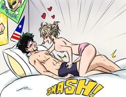 1boy 1girls ball_crushing ball_grab ball_squeeze ballbusting bed bedroom blonde_hair blush boxers cbt clenched_teeth cock_and_ball_torture crushing female femdom got_him_by_the_balls grabbing_balls green_hair gripping_balls hearts himiko_toga izuku_midoriya looking_at_partner male mostly_nude my_hero_academia ocigart on_bed pain painful panties panties_only pillow squeezing_testicles testicle_squeeze topless