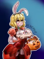 anthro blush bodily_fluids breasts candy carrot_(one_piece) clothed clothing crown cum cum_on_face dessert dress female female_only food genital_fluids gloves halloween handwear hi_res holidays lagomorph leporid mammal one_piece penemueart rabbit skimpy solo tiara