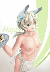 android antica_(bigrbear) bigrbear blonde_hair breasts female female_only green_eyes medium_hair naked_apron navel nipples original slim small_breasts tied_hair