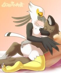 accipitriform aggressive_retsuko anthro ass avian bed bird butt_grab closed_eyes duo female furniture gobanire haida hand_on_butt hyaenid male mammal nipple_fetish nipple_play nipple_suck sanrio secretary_bird secretary_washimi smooth_fur straight sucking