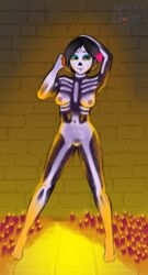 1girls acidsticky alternate_hairstyle black_hair bob_cut bodypaint breasts candlelight candles catalina_la_catrina dia_de_los_muertos female hair_flower long_hair naked ponytail purple_eyes purple_skin skeleton skull yellow_sclera