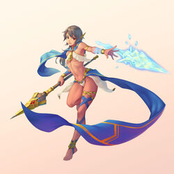 1girls barefoot bigrbear bikini black_hair bra breasts cape crop_top dark_skin elf female female_only gradient_background long_hair midriff panties pointy_ears red_eyes see-through sideboob simple_background skimpy_clothes small_breasts solo solo_female spear underboob