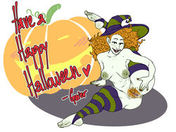 anus breasts contortion geier halloween leg_behind_head leggings legs_spread medium_breasts nail_polish nipples orange_hair pubic_hair pussy raised_leg red_hair scary_godmother scary_godmother_(series) smile stockings stretching thick_thighs thighhighs witch