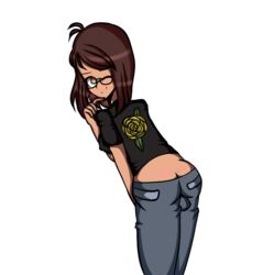 1futa 1girls ahoge big_ass big_balls brown_eyes brown_hair clothed clothing dark-skinned_female dark-skinned_futanari dark_hair dark_skin dat_ass facing_back female female_only futanari glasses hard_nipples jeans latina looking_at_viewer looking_back no_bra original original_artwork original_character shirt short_hair solo_futa wink winking winking_at_viewer