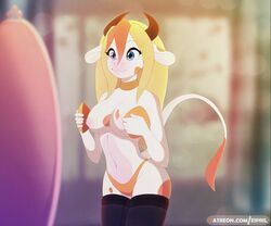 2019 5_fingers :3 animated anthro areola big_breasts blonde_hair blue_eyes bovid bovine bra breasts cattle clothed clothing eipril eyelashes female female_minotaur fingers fur furry hair horns june_(eipril) legwear long_hair mammal minotaur_female monster_girl nipples panties pouting short_playtime smile solo stockings text underwear url wardrobe_malfunction