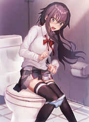 blush clothing imoden my_teen_romantic_comedy_snafu panties panty_pull peeing seifuku skirt thighhighs toilet urine yukinoshita_yukino