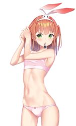 animal_ears arms_up ass_visible_through_thighs bangs bare_arms bare_shoulders blush bow bow_panties bra breasts bunny_ears closed_mouth commentary eyebrows_visible_through_hair fake_animal_ears female green_eyes groin hair_tie hair_tie_in_mouth hairband highres k_mugura mouth_hold navel panties pink_bra pink_panties princess_connect! princess_connect!_re:dive rino_(princess_connect!) simple_background small_breasts solo two_side_up tying_hair underwear underwear_only white_background white_hairband