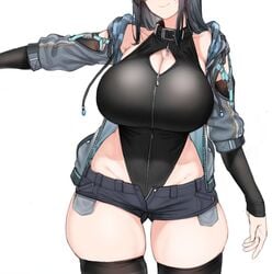 1girls ass_visible_through_thighs b_o_x big_breasts box20502017 breasts_bigger_than_head cleavage clothed clothed_female denim_shorts faceless_female female female_only impossible_clothes non-nude open_jacket original_character scifi simple_background solo tagme thick_thighs thigh_gap thighs white_background