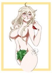 adam_(shuumatsu_no_valkyrie) blonde_hair breasts casual convenient_censoring female garden_of_eden gender_bender human large_breasts leaf_clothing leaf_on_crotch pale_skin rule_63 semi-rimless_eyewear short_hair shuumatsu_no_valkyrie