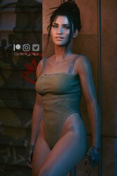 1girls cd_projekt_red cgi cyberpunk_2077 dark-skinned_female foot_up goldy_3d legs no_panties panam_palmer pose solo standing