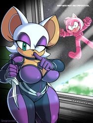 2girls among_us amy_rose big_breasts bodysuit cleavage clothing female female_only hi_res highres knife omegasunburst pink_(among_us) purple_(among_us) purple_bodysuit purple_eyeshadow rouge_the_bat rouge_the_bat_(heroes) shortstack signature skin_tight sonic_(series) sonic_heroes sonic_the_hedgehog_(series) suspicious thick_thighs what white_hair wide_hips wink