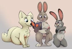 anthro arctic_fox bonnie_hopps breasts canid canine clitoris clothing digital_media_(artwork) disney female fox fur genitals group honeymono inverted_nipples judy_hopps lagomorph large_breasts leporid mammal medium_breasts nipples nude pussy rabbit simple_background skye_(zootopia) slightly_chubby small_breasts smile tuft zootopia