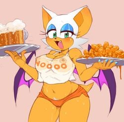 alcohol anthro areola areolae bare_midriff bat beer beer_mug big_breasts big_ears black_nose blue_eyeshadow blue_nails blush bottomwear breasts chiropteran clothed clothes clothing crop_top curvaceous curvy curvy_figure cute_fang drinking_glass eyelashes eyeshadow fangs female female_focus female_only food furry glass green_eyes happy holding holding_object hooters hooters_(parody) hooters_uniform looking_at_viewer makeup micro_shorts midriff nail_polish nails nipples open_mouth parody penis-shaped_object pubic_hair restaurant rouge_the_bat sauce see-through see-through_clothing sega short_shorts shorts solo solo_female sonic_(series) sonic_the_hedgehog_(series) sweat sweatdrop sweating sweaty tail tan-skinned_female tan_skin tank_top tanktop text thick_thighs thighs tongue topwear tray video_games vilrot waitress white_fur white_hair white_pubic_hair wings