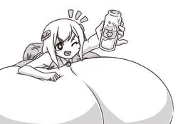 ass_up breast_rest bursting_breasts content_smile enormous_breasts gigantic_breasts happy hyper immobile lying_down milk partially_clothed wholesome