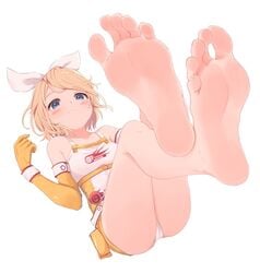 ass bare_legs bare_shoulders barefoot blonde_hair blue_eyes blush bow breasts closed_mouth clothes_writing collarbone dress elbow_gloves feet feet_up female foot_focus foreshortening gloves hairbow highres kagamine_rin kahlua kahlua_(artist) legs_up lying on_back panties short_dress short_hair small_breasts smile soles solo toes two-tone_dress underwear vocaloid white_dress white_panties wristband yellow_dress yellow_gloves