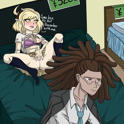 1boy 1girls big_breasts blonde_hair blush bra_lift breasts breasts_out brown_hair danganronpa danganronpa_ultra_despair_girls female_masturbation fingering glasses hagakure_yasuhiro heavy_blush kanon_nakajima makeup masturbation nipples school_uniform shirt_lift smooth_skin