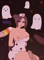 1girls 3boys arms_behind_back bondage brown_hair candy_corn cuteemmy dark-skinned_male disgusted_look ghost hair_bun halloween halloween_costume imminent_rape light-skinned_male male multiple_boys nipple_slip nurse nurse_cap nurse_uniform penis wardrobe_malfunction