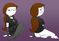 ass big_breasts blush brown_hair choker cross_necklace eyebrow_piercing fishnet_armwear fishnet_legwear fishnet_stockings fishnets goth goth_girl gothtober let_me_explain_studios mannysdirt no_mouth ponytail rebecca_parham spiked_bracelet stockings unhappy_female youtube youtuber