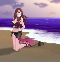 1girls ball_and_chain ball_and_chain_restraint bare_legs bare_midriff bare_shoulders beach bikini bondage brown_hair cleavage dorothea_arnault dorothea_arnault_(summer) fire_emblem fire_emblem:_three_houses fire_emblem_heroes gag green_eyes high_heels just_some_guy large_breasts long_hair midriff nintendo ocean open_toe_shoes restrained sandals seaside solo sunset swimsuit underwater_peril_aladdin veil waves wavy_hair