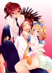 1boy 2girls asahina_aoi blonde_hair boots bow butt_focus clothing danganronpa danganronpa_(series) danganronpa_ultra_despair_girls female hagakure_yasuhiro kanon_nakajima male panties straight straight_hair tagme thick_thighs threesome