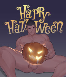 1boy abs anus ass_visible_through_thighs balls bara big_penis black_hair blue_eyes buff chest completely_nude cum ejaculation erection feet_out_of_frame fucking_pumpkin glowing halloween halloween_costume happy_halloween highres human human_only hunterkay jack-o'-lantern legs_apart legs_open legs_spread male male_chest male_focus male_nipples male_only muscle muscles muscular muscular_male naked_pumpkin nipples nude nude_male open_legs original pecs pectorals penetrating_object penis_peek pumpkin short_hair sideburns sitting sitting_on_floor sitting_on_ground solo solo_focus solo_male spread_legs testicles thick_penis thick_thighs thighs uncensored veiny_penis