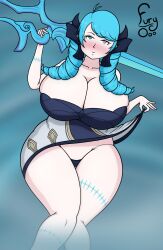 alternate_breast_size alternate_costume big_breasts blue_eyes blue_hair breasts dress female fury_o gwen_(league_of_legends) heterochromia huge_breasts league_of_legends ribbon ribbons scissors thick_thighs thong