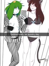 2girls beetlejuice black_bra black_panties bra breasts cat_bra cat_costume cat_ears cat_tail catgirl choker cosplay costume crown english_text female female_only green_hair halloween halloween_costume hikikomori instagram jaiden jaiden_animations jaidenanimations mirror mirror_selfie multiple_girls open_shirt panties striped_pants striped_shirt stripes tabbes text tim_burton youtube youtuber