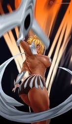 armor armpits ass back_view big_breasts bleach blonde_hair blue_eyes breastplate breasts dark-skinned_female dark_skin face_tattoo from_below kasai_x3 lejeanx3 pinup pose short_hair shoulder_pads solo solo_focus tan tia_harribel underboob