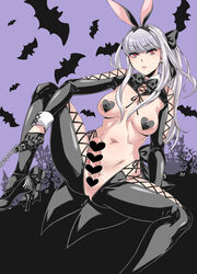 1futa animal_ears areola_slip areolae ass bangs black_footwear black_gloves bow bowtie breasts bunny_ears censored chains chokukame commentary_request covered_nipples erection eyebrows_visible_through_hair female futanari gloves half_gloves heart heart_censor heart_pasties high_heels highres long_hair meme_attire navel original pasties penis ponytail red_eyes reverse_bunnysuit reverse_outfit silver_hair sitting solo solo_futa spread_legs