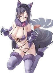 cleavage fate/grand_order fate_(series) halloween halloween_costume high_heels huge_breasts mash_kyrielight mash_kyrielight_(dangerous_beast)_(cosplay) milf minamoto_no_raikou_(fate/grand_order) mx2j_(nsh6394) pale-skinned_female pale_skin purple_hair revealing_clothes roleplay thick_thighs thighhighs voluptuous