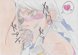 1girls blush cum cum_in_mouth ejaculation fellatio fire_emblem fire_emblem:_radiant_dawn handdrawn heart heart-shaped_pupils long_hair micaiah_(fire_emblem) micaiah_mrmm nintendo silver_hair text translation_request yellow_eyes