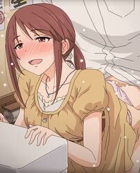 1boy blush brown_eyes brown_hair clothed_sex clothing_aside collarbone commentary_request doggy_style eyebrows_visible_through_hair female idolmaster idolmaster_cinderella_girls jewelry mifune_miyu necklace nose_blush open_mouth panties panties_aside pink_panties revision sex sex_from_behind short_hair short_sleeves smile straight toilet tomu_(tomubobu) underwear