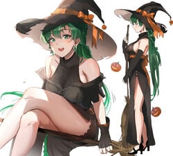 absurdres alternate_costume asymmetrical_bangs bangs bare_legs bare_shoulders black_dress blush breasts broom broom_riding dress female fire_emblem fire_emblem:_the_blazing_blade green_eyes green_hair halloween halloween_costume hat high_heels high_ponytail highres large_breasts long_hair looking_at_viewer lyn_(fire_emblem) lyndis_(fire_emblem) multiple_views nintendo open_mouth ormille ponytail simple_background sitting smile solo_female white_background witch witch_hat