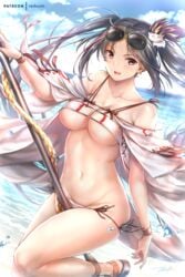 bangs bare_shoulders beach bikini blue_sky breasts brown_eyes brown_hair clavicle cleavage earrings eyewear_on_head fate/grand_order fate_(series) female hair_ornament jewelry large_breasts long_hair medium_breasts multiple_earrings navel ocean open_clothes open_mouth polearm rei_kun robe shore sky smile spear sunglasses sunlight swimsuit thighs tied_hair twintails very_long_hair weapon white_bikini white_swimsuit yu_mei-ren_(fate) yu_mei-ren_(swimsuit_lancer)