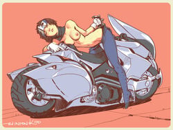 1girls 2d atlus bike biker biker_girl breasts brown_hair casual female firearm frame half_dressed half_naked handgun human johanna_(persona) leaning_on_object looking_at_viewer makoto_niijima mask medium_breasts megami_tensei motorcycle motorcycle_suit no_shirt pale_skin pants_only parody persona persona_(species) persona_5 phantom_thief_suit revolver short_hair simple_background slim_waist solo spiked_knuckles topless twitter twitter_username vehicle weapon white_gloves wintonkidd