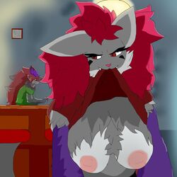 anthro breasts delphox dennhaze furry milf pokémon_(species) pokemon pokemon_(species) shirt_in_mouth yiff zoroark