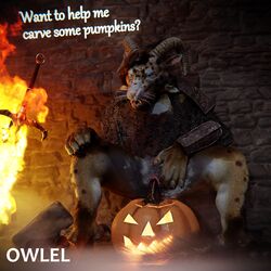 1:1 3d 3d_(artwork) 4_ears 4_horns anthro armor blender blender_(software) blue_eyes bodily_fluids brick brick_wall brown_body brown_fur charr claws digital_media_(artwork) digitigrade english_text felid female fire fog food fruit fur genital_fluids genitals guild_wars hair halloween hi_res holidays horn inviting jack-o'-lantern leopard_spots looking_at_viewer mammal melee_weapon multi_ear multi_horn owlel paws plant presenting presenting_pussy pumpkin pussy pussy_juice shoulder_pads solo solo_focus spots sword text video_games weapon wet whiskers