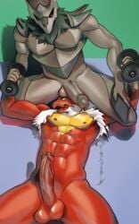 abs absurd_res anthro balls balls_on_face blaziken blue_eyes corviknight duo franubis fur genitals grey_body hi_res humanoid_genitalia humanoid_penis kneeling lying male male/male male_only muscular muscular_anthro muscular_male nintendo nipples on_back open_mouth penis pinned pinned_arms pokemon pokemon_(species) red_body red_eyes simple_background tongue tongue_out tuft video_games weights white_body white_fur