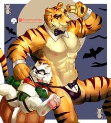 2boys abs absurd_res anthro anus canid canine canis chippendales clothing costume dc dc_comics digitigrade domestic_dog duo felid halloween hi_res holidays jockstrap male male/male mammal muscular muscular_male nipples pantherine pawpads pecs robin_(dc) robin_(dc)_(cosplay) robo seyrmo shortstack size_difference speedo swimwear tiger underwear