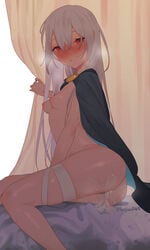 after_sex ass bandaged_leg bandages bangs bed beijuu blush breasts cape cum cum_in_pussy cum_inside cum_on_ass cumdrip curtains female girls'_frontline grey_hair hair_between_eyes lips long_hair long_sleeves looking_at_viewer nipples nose_blush nude on_bed pussy red_eyes sitting solo tokarev_(girls_frontline) twitter_username uncensored