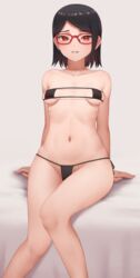 1girls bare_arms bare_legs bare_shoulders bed bed_sheet belly_button bikini black_bikini black_hair black_panties black_swimsuit blush boruto:_naruto_next_generations breasts clothed clothed_female eyepatch_bikini female female_focus female_only g-string glasses legs legs_together looking_at_viewer micro_bikini miru_(wvjc7832) naruto naruto_(series) navel nipples pale-skinned_female pale_skin panties perky_breasts petite pov_eye_contact red_eyes sarada_uchiha sharingan short_hair sideboob simple_background sitting small_breasts solo solo_female solo_focus swimsuit thighs thong underboob underwear visible_nipples voluptuous