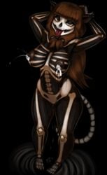 2020 ankama anthro bodily_fluids bodypaint bone brown_hair color_edit colored dofus ecaflip edit felid female genital_fluids hair hands_behind_head hi_res lactating looking_at_viewer mammal miranda_(wakfu) monochrome nipples nude pussy_juice pussy_juice_drip pussy_juice_on_ground redout skeleton solo tongue tongue_out video_games wakfu