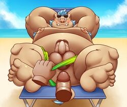 anthro balls beach beach_chair belly blue_hair clothing darknessminotaur disembodied_penis duo erection eyebrows eyewear gay genitals gouryou hair imminent_sex male male/male male_only mammal overweight overweight_male penis seaside speedo suid suina sunglasses sus_(pig) swimwear thick_eyebrows tokyo_afterschool_summoners video_games wild_boar yaoi