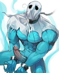 1boy abs bara bare_chest blue_skin chains chest collar erection feet_out_of_frame ghost_costume halloween halloween_costume highres male_focus metal_collar monster_boy muscle navel nipples nude original penis precum slave solo spread_legs tamazukiakiyama torn_clothes uncensored veins veiny_penis