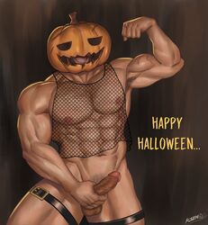 1boy abs absurdres bara beard biceps chest chest_hair cowboy_shot erection facial_hair fishnet_top flexing halloween halloween_costume happy_halloween harness highres jack-o'-lantern k_sen212 male_focus male_pubic_hair muscle navel nipples nude original pose pubic_hair pumpkin pumpkin_hat see-through short_hair solo thick_thighs thighs uncensored